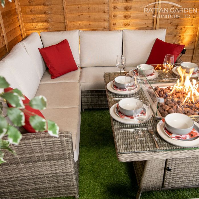 BOX DAMAGED - Rattan Champagne Boston Corner Dining Set with Fire Pit