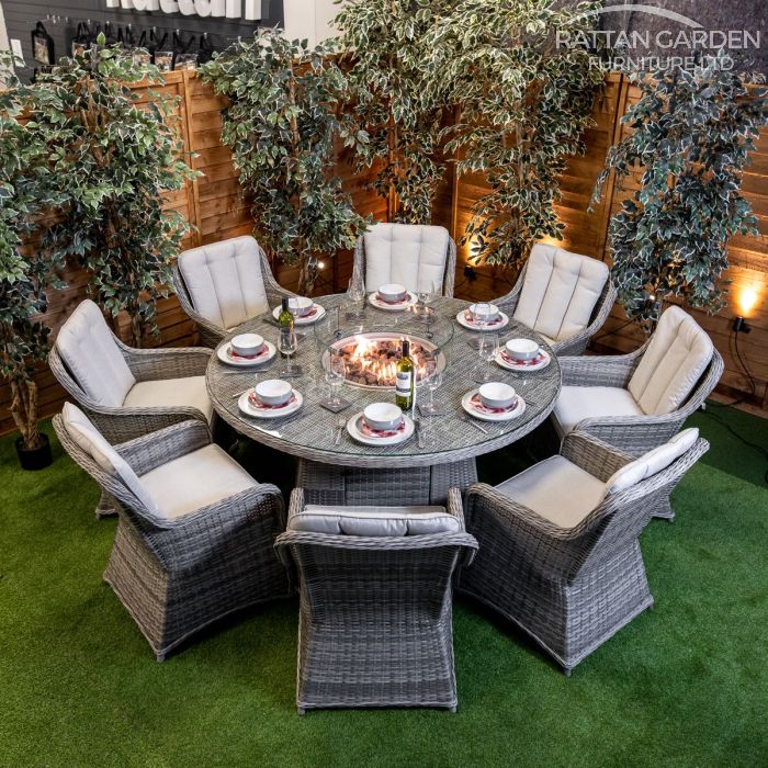 Rattan Champagne Vienna 8 Seat Fire Pit With 165cm Round Table