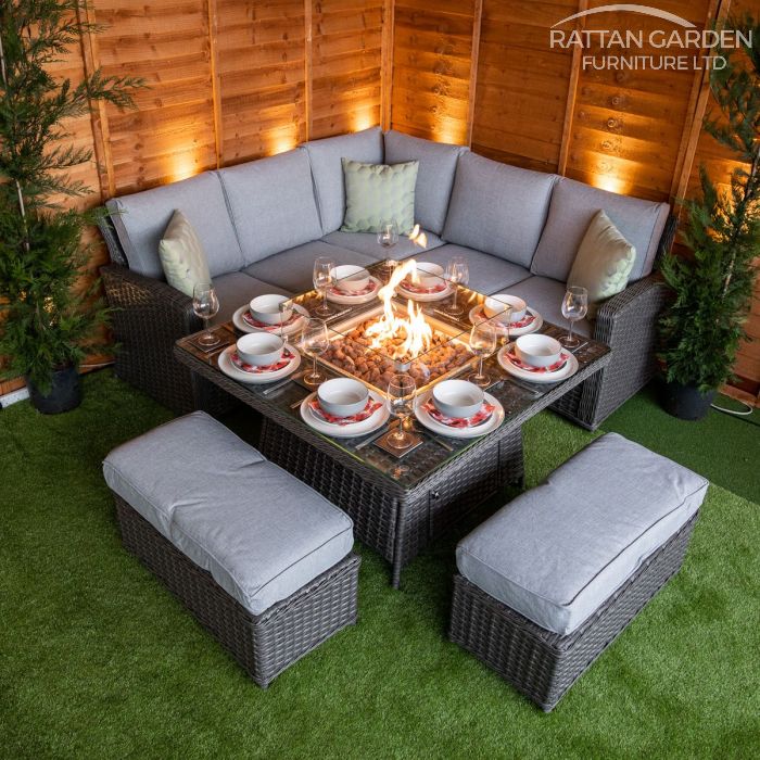 BOX DAMAGED - Platinum Boston Corner Rattan Dining Set with Fire Pit