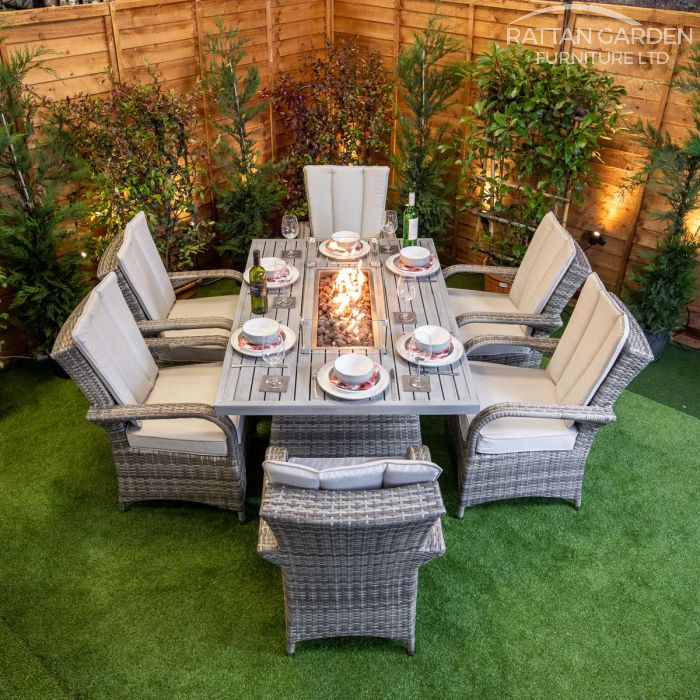 Champagne Tokyo Rectangular 6 Seat rattan Aluminium Fire Pit Set