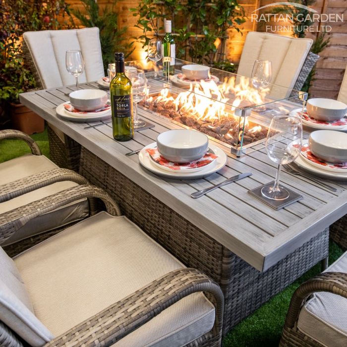 Champagne Tokyo Rectangular 6 Seat rattan Aluminium Fire Pit Set
