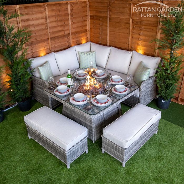 BOX DAMAGED - Champagne Miami Corner Rattan Dining Set with Fire Pit
