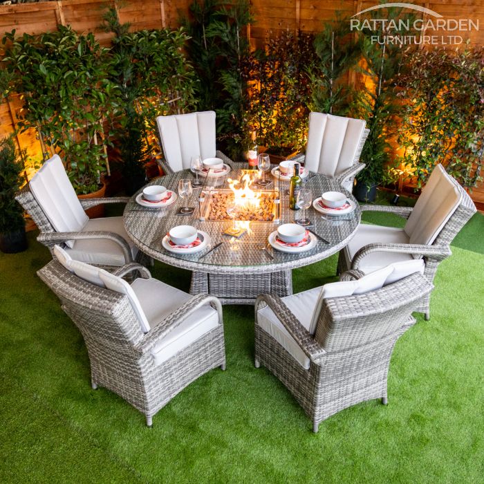 Rattan Champagne Tokyo Round 6 Seat Fire Pit Set
