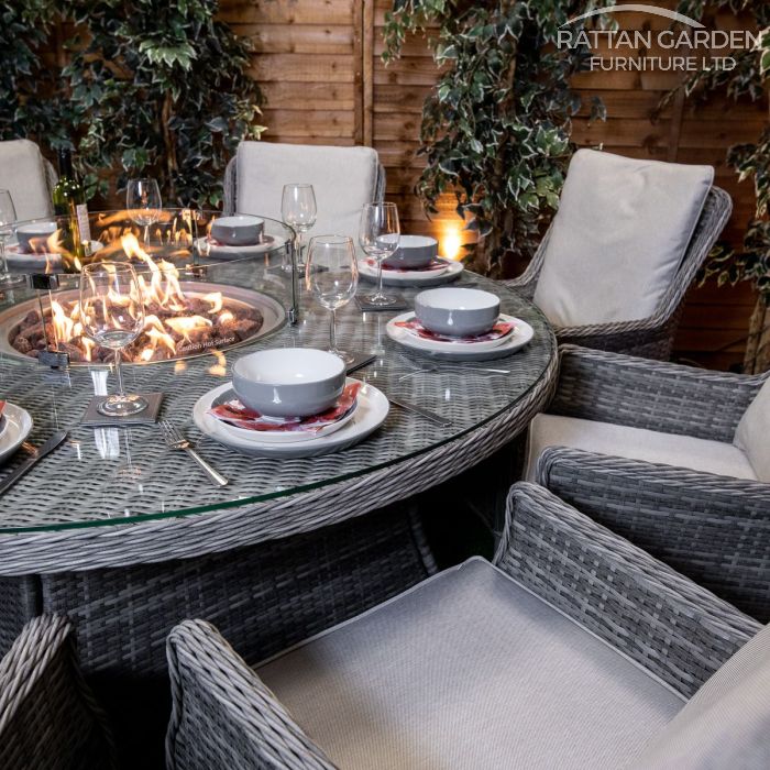 Rattan Champagne Paris 8 Seat Fire Pit With 165cm Round Table