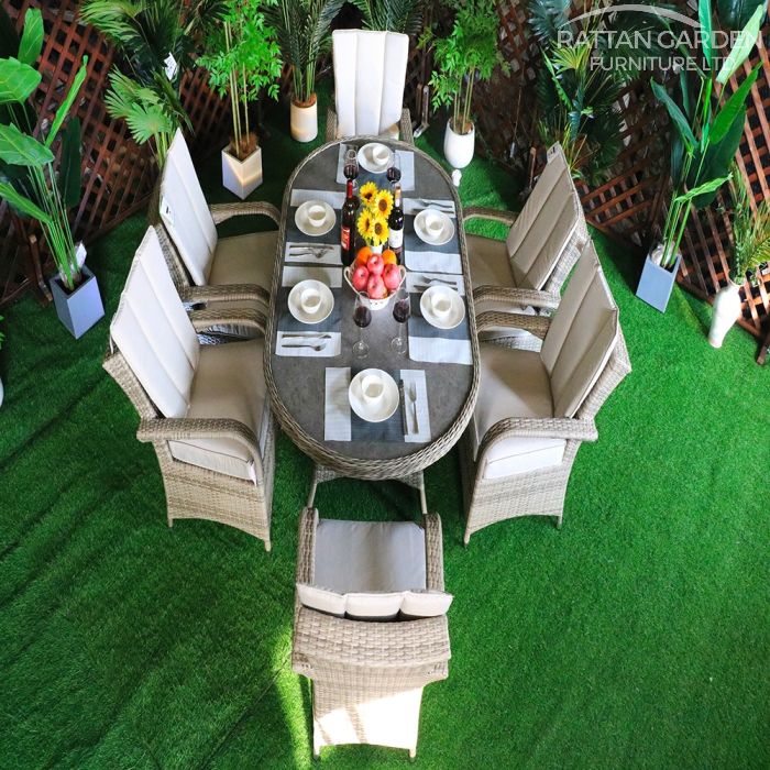Rattan Champagne Tokyo 180cm Oval 6 Seater Dining Set