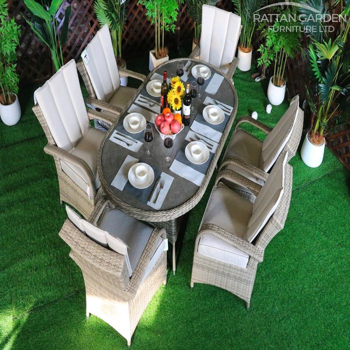 Rattan Champagne Tokyo 180cm Oval 6 Seater Dining Set