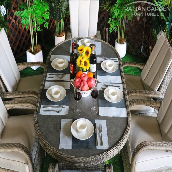 Rattan Champagne Tokyo 180cm Oval 6 Seater Dining Set
