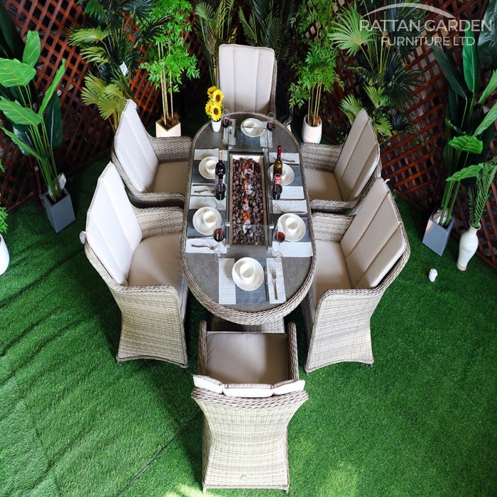 Rattan Champagne Vienna 180cm Oval 6 Seater Fire Pit Set