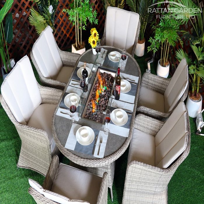 Rattan Champagne Vienna 180cm Oval 6 Seater Fire Pit Set