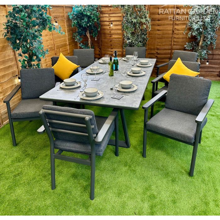 Brabazon Aluminium 8 Seat Dining Set With Patterned Ceramic Glass Table Top
