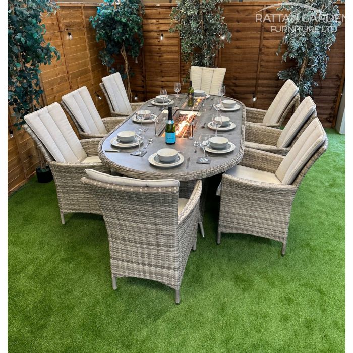 Rattan Champagne Atlanta 230cm Oval 8 Seater Fire Pit Set