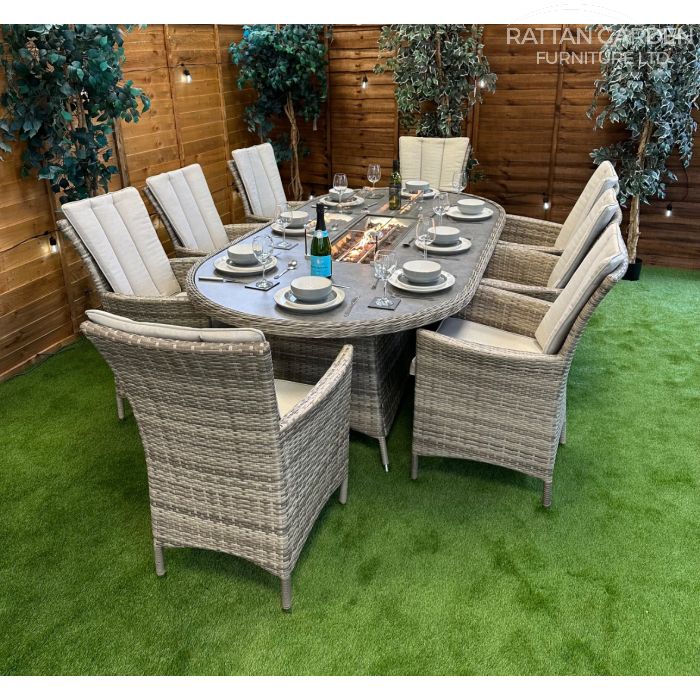 Rattan Champagne Atlanta 230cm Oval 8 Seater Fire Pit Set