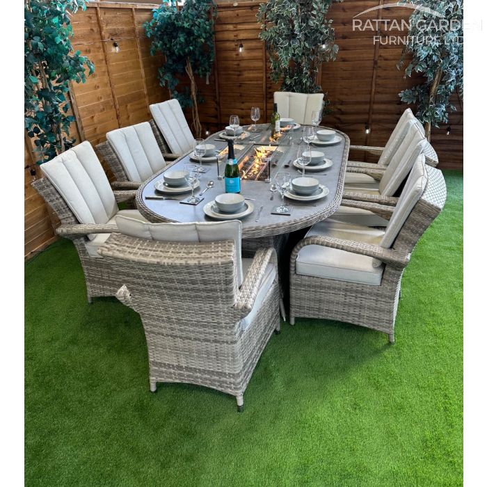 Rattan Champagne Tokyo 230cm Oval 8 Seater Fire Pit Set