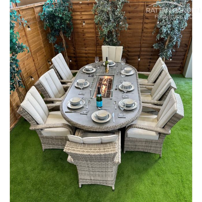 Rattan Champagne Tokyo 230cm Oval 8 Seater Fire Pit Set