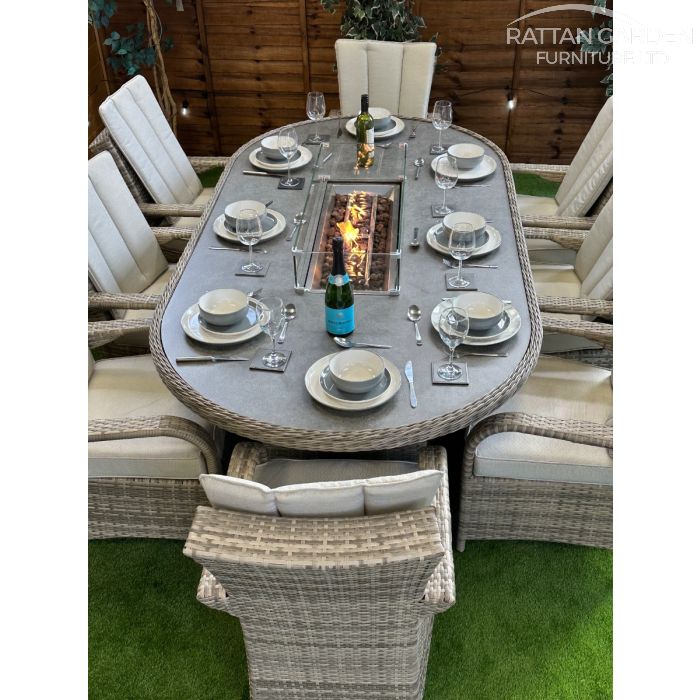 Rattan Champagne Tokyo 230cm Oval 8 Seater Fire Pit Set