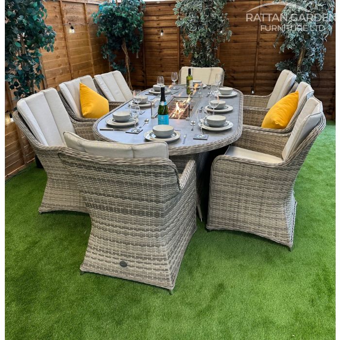 Rattan Champagne Vienna 230cm Oval 8 Seater Fire Pit Set