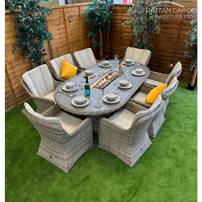 Rattan Champagne Vienna 230cm Oval 8 Seater Fire Pit Set