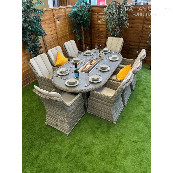Rattan Champagne Paris 230cm Oval 8 Seater Fire Pit Set