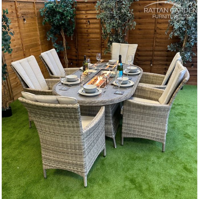 Rattan Champagne Atlanta 180cm Oval 6 Seater Fire Pit Set