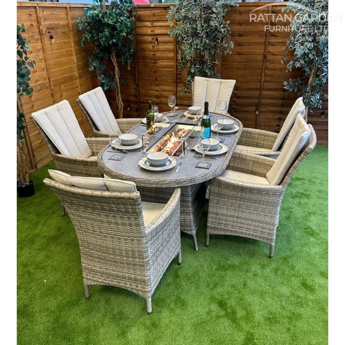 Rattan Champagne Atlanta 180cm Oval 6 Seater Fire Pit Set