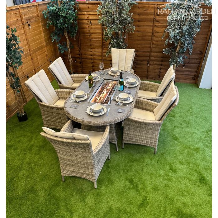 Rattan Champagne Atlanta 180cm Oval 6 Seater Fire Pit Set