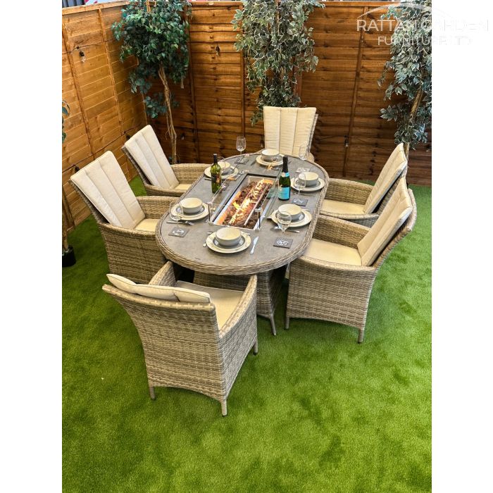Rattan Champagne Atlanta 180cm Oval 6 Seater Fire Pit Set