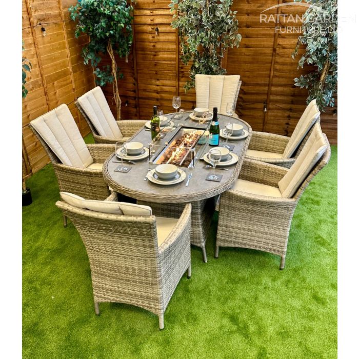 Rattan Champagne Atlanta 180cm Oval 6 Seater Fire Pit Set