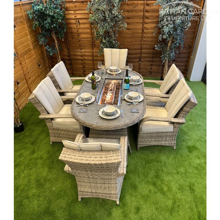 Rattan Champagne Tokyo 180cm Oval 6 Seater Fire Pit Set