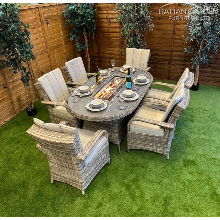 Rattan Champagne Tokyo 180cm Oval 6 Seater Fire Pit Set