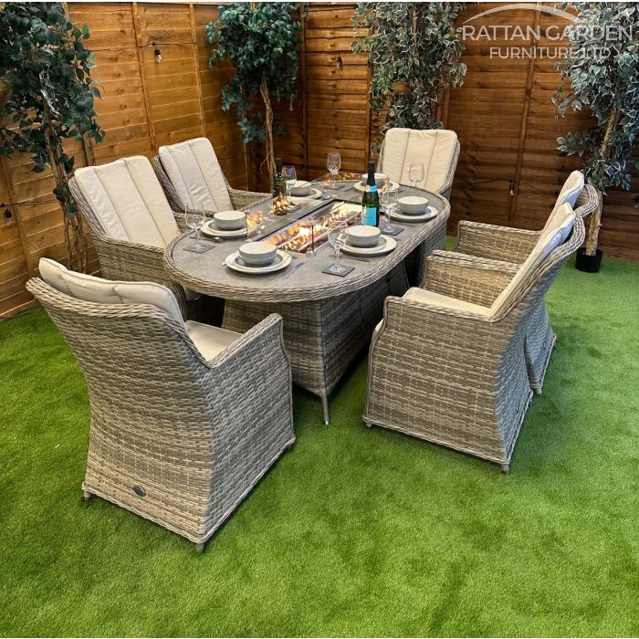 Rattan Champagne Paris 180cm Oval 6 Seater Fire Pit Set