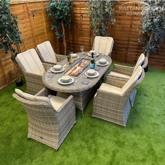 Rattan Champagne Paris 180cm Oval 6 Seater Fire Pit Set
