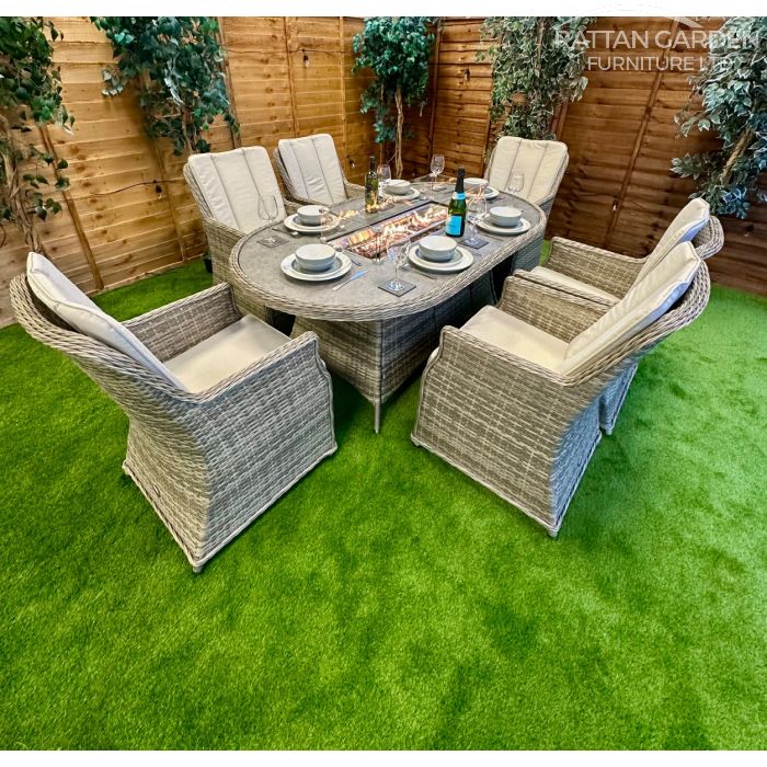Rattan Champagne Paris 180cm Oval 6 Seater Fire Pit Set