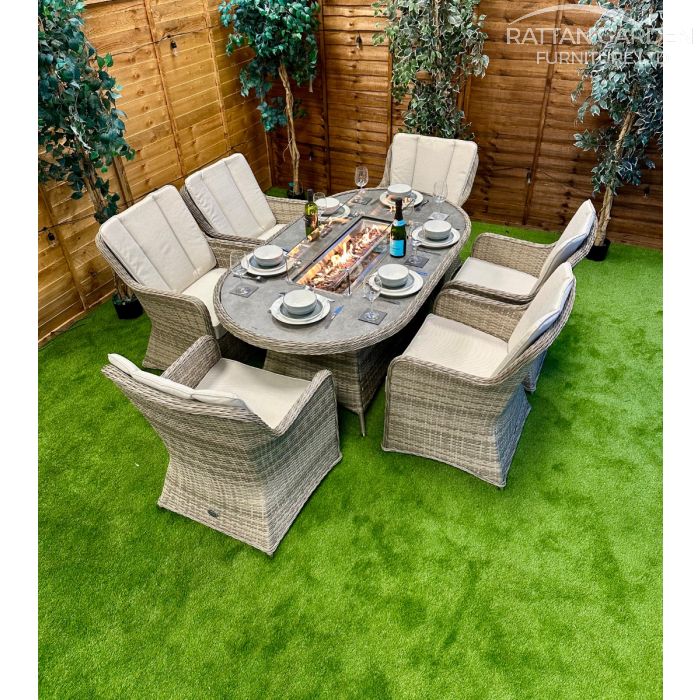 Rattan Champagne Vienna 180cm Oval 6 Seater Fire Pit Set