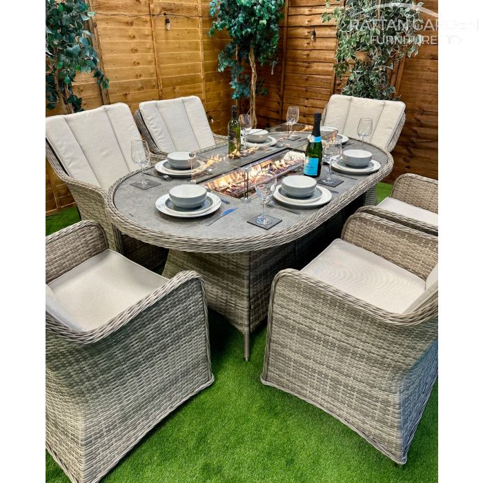 Rattan Champagne Vienna 180cm Oval 6 Seater Fire Pit Set