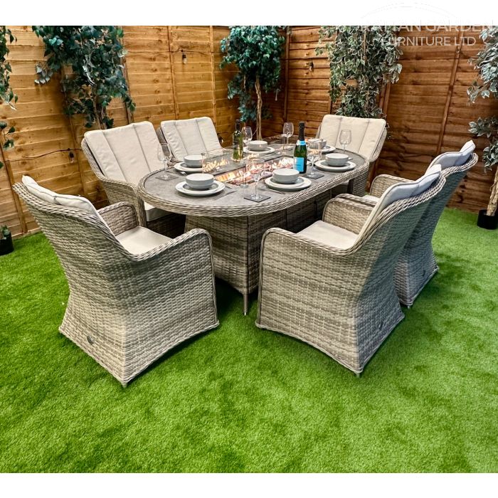 Rattan Champagne Vienna 180cm Oval 6 Seater Fire Pit Set