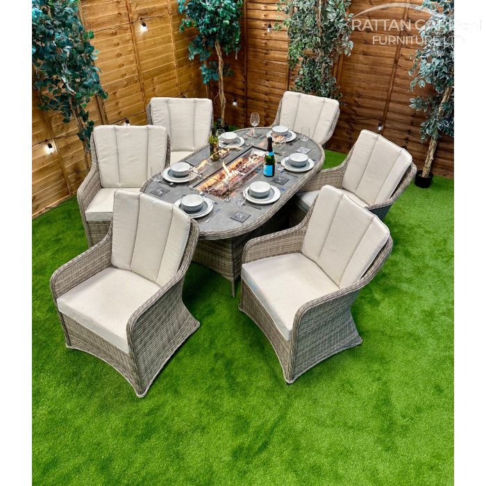 Rattan Champagne Vienna 180cm Oval 6 Seater Fire Pit Set