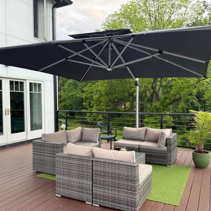 Deluxe 3m Square Cantilever Parasol with LED Lights in Grey with Base