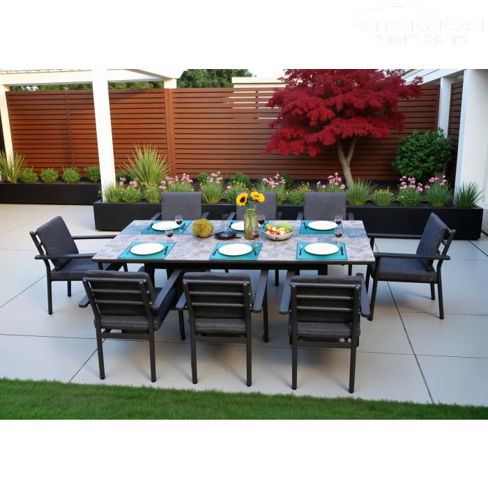 Brabazon Aluminium 8 Seat Dining Set With Patterned Ceramic Glass Table Top