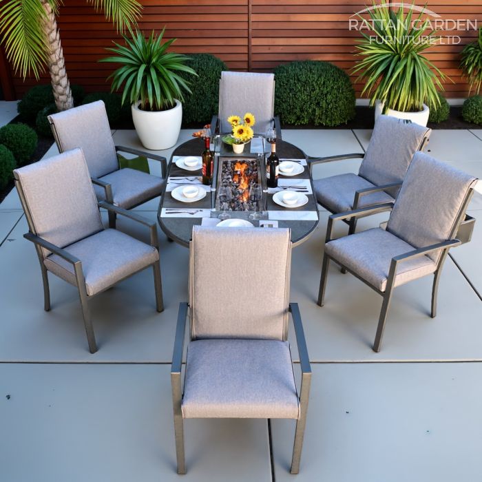 Highbury 6 Seat Aluminium Ceramic Glass Top Oval Table Fire Pit Dining Set