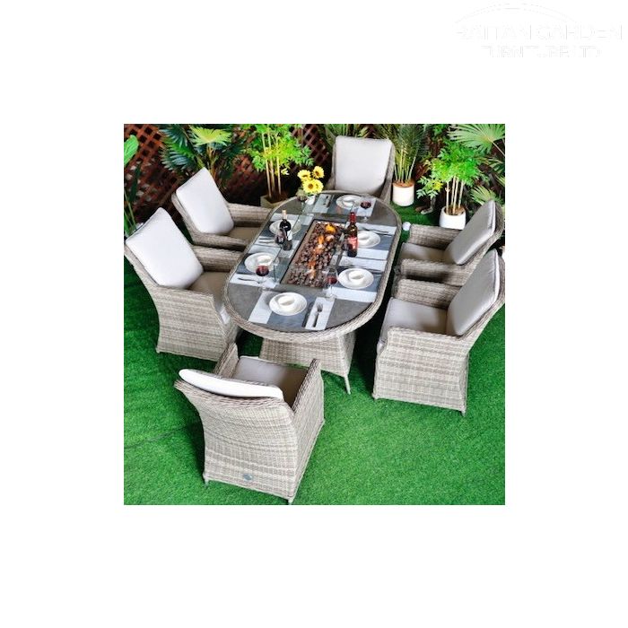 Rattan Champagne Paris 180cm Oval 6 Seater Fire Pit Set