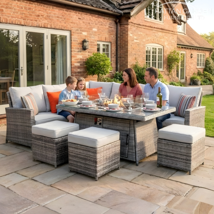 Champagne Hampton rattan Corner Dining Set with Fire Pit