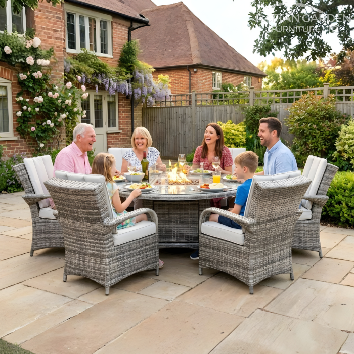 Rattan Champagne Tokyo Round 6 Seat Fire Pit Set