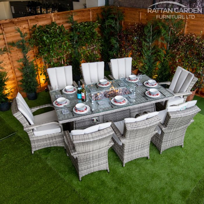 Champagne Tokyo 8 Seat rattan Fire Pit With 200cm Rectangular Table