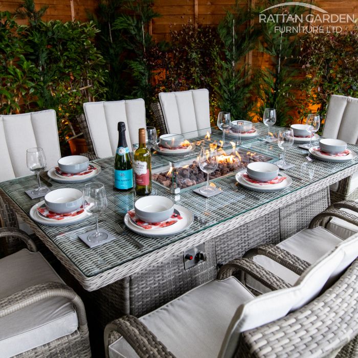 Champagne Tokyo 8 Seat rattan Fire Pit With 200cm Rectangular Table