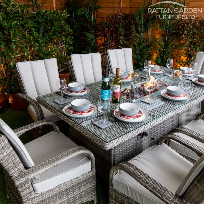 Champagne Tokyo 8 Seat rattan Fire Pit With 200cm Rectangular Table