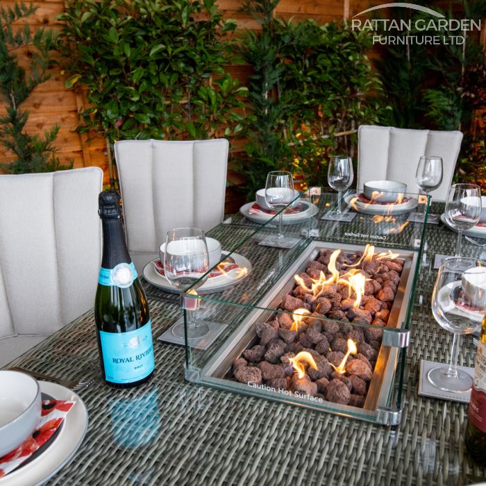 Champagne Tokyo 8 Seat rattan Fire Pit With 200cm Rectangular Table