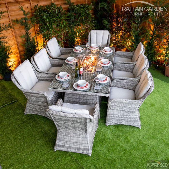 Champagne Vienna 8 Seat rattan Fire Pit With 200cm Rectangular Table