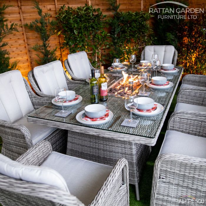 Champagne Vienna 8 Seat rattan Fire Pit With 200cm Rectangular Table