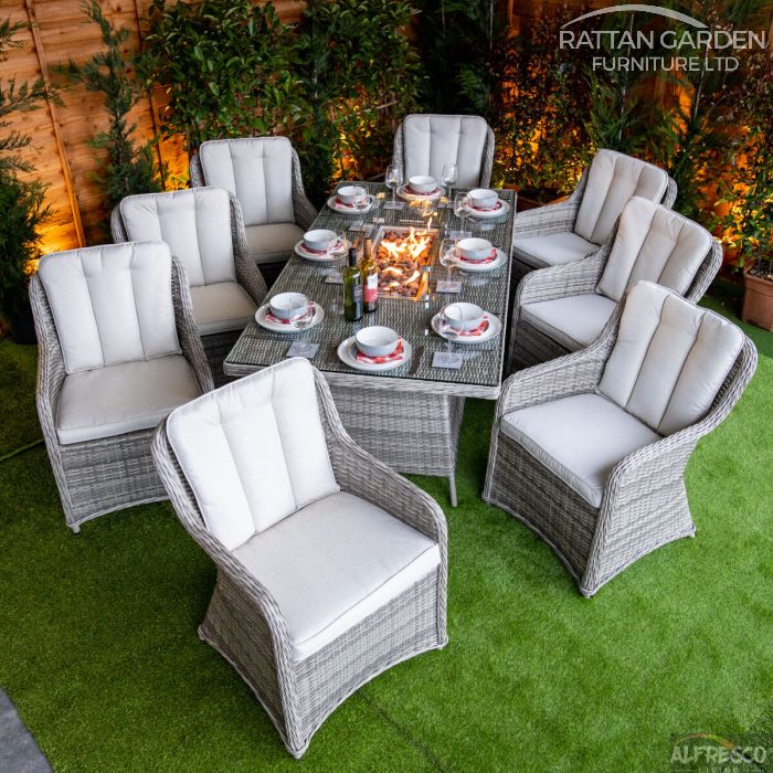Champagne Vienna 8 Seat rattan Fire Pit With 200cm Rectangular Table