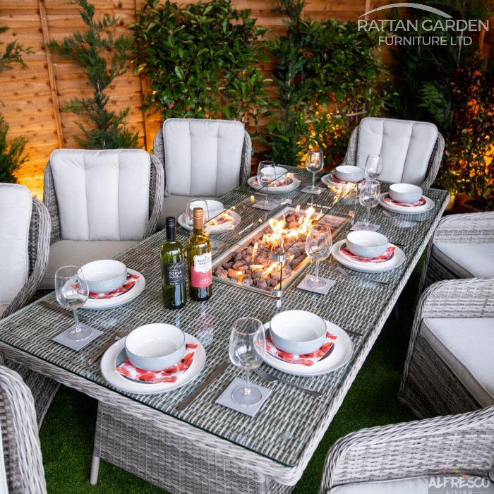 Champagne Vienna 8 Seat rattan Fire Pit With 200cm Rectangular Table